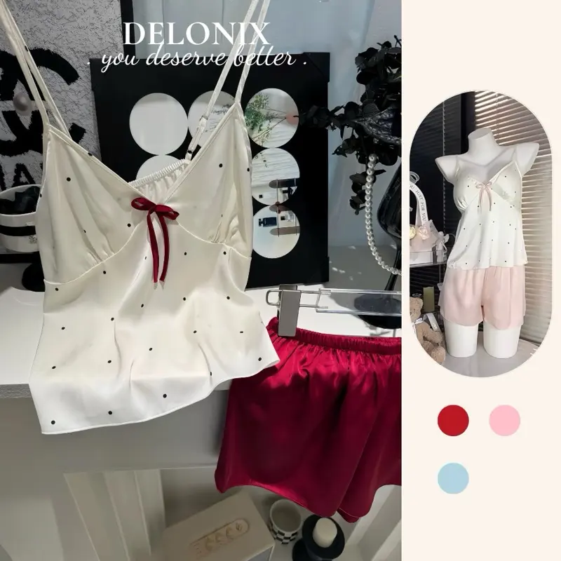 B23 Đồ bộ ngủ lụa chấm bi cách điệu 2 dây có mút tôn dáng dễ thương chuẩn hàng Quảng Châu cao cấp nữ DELONIX đồ bộ đồ ngủ 0