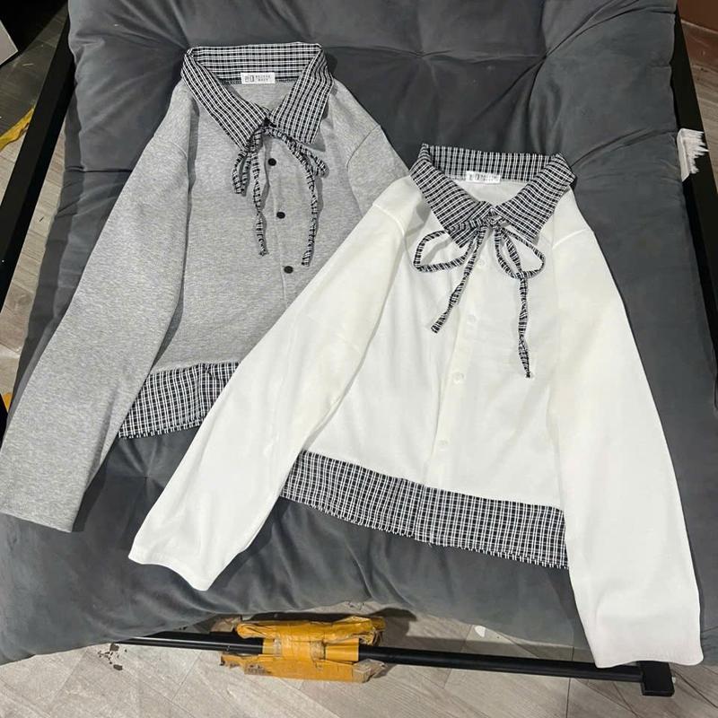MỞ BÁN GIÁ HỜI Áo thun phối sơ mi cổ bẻ cúc bấm kèm nơ cổ chất tăm coton zip mẫu mới 2025