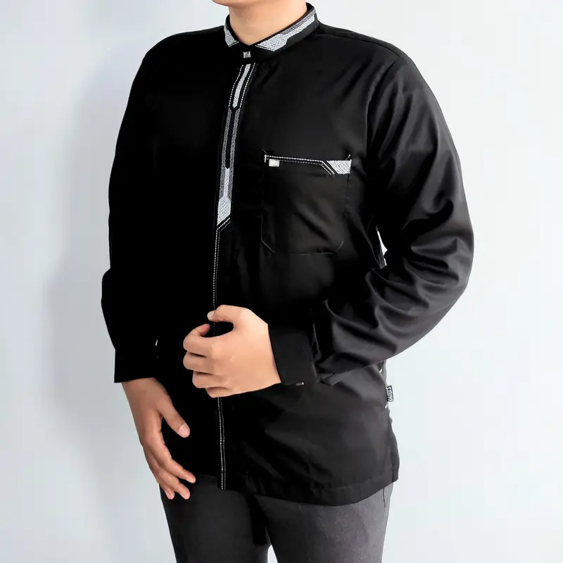 Baju Koko Pria Dewasa Lengan Panjang Manset Hitam Motif Bordir Minimalis M-L-XL-XXL 4