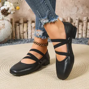 IKUNKA Sepatu Mary Jane Flat Shoes Wanita 3cm Hitam Kulit PU Nyaman untuk Pekerjaan & Sekolah - Heels