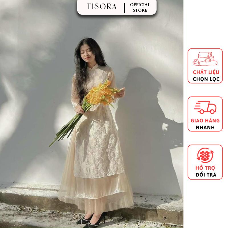   Có Big Size  Sét Áo Dài Hoa Nổi Phối Tay Voan Lỡ + Chân Váy Midi Voan - Size S M L XL XXL XXXL TISORA Nữ Women Kem Ren 