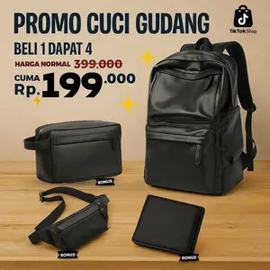 HIGHMORE Tas Ransel Turner Hitam PU Kulit Sintetis Bonus 4 Item Fashion Bundling Hemat Ongkir Beli 1 Dapat 4 Pria Backpack