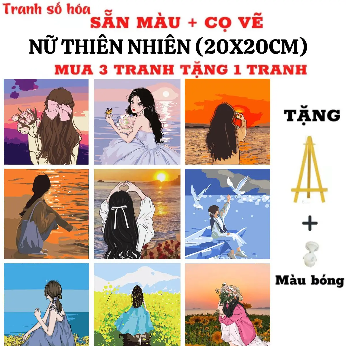 Tranh tô màu theo số họa tiết CÔ GÁI THIÊN NHIÊN có sẵn khung kích cỡ 20x20cm, Mua 1 tranh Tặng 1 kệ để tranh, 1 màu bóng, màu tô, cọ vẽ, móc treo tranh, mua 3 tranh tặng 1 tranh, tặng 4 kệ gỗ, 4 màu bóng Diy