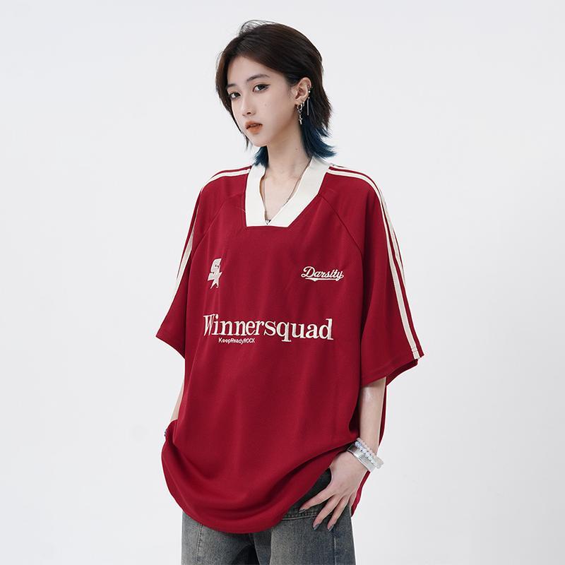 Product Introduction of Summer Heavy Embroidery American Retro V-neck Sports Casual Red Jersey Korean Short Sleeve Women's High Street Loose Couple T-shirt Fashion Brand Ins New Half Sleeve Men's Racing Clothes Top Black Basketball Shirt 15
