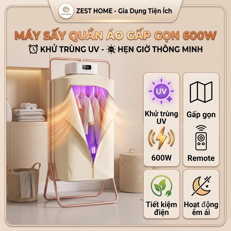 Máy Sấy Quần Áo Gấp Gọn 600W Treo Tường Sang Trọng Nhỏ Gọn ZEST HOME, Combo Làm Khô Đồ Với Công Nghệ Sấy 3D 2 Chế Độ Sấy Tiết Kiệm Điện