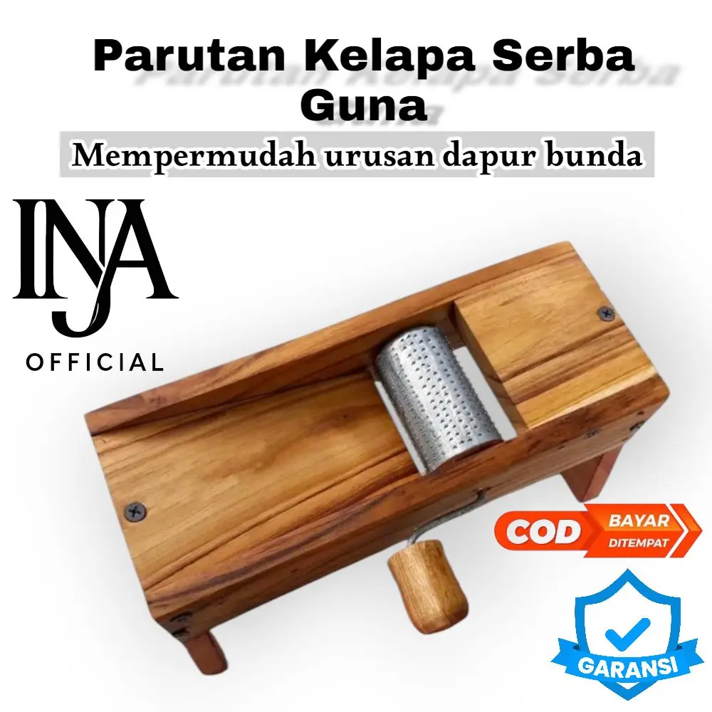 INA Official Parutan Kelapa Serba Guna Praltis Asli Kayu Jati Jawa Stainless Kitchenware Pisau Baja Anti Karat 12x25 cm