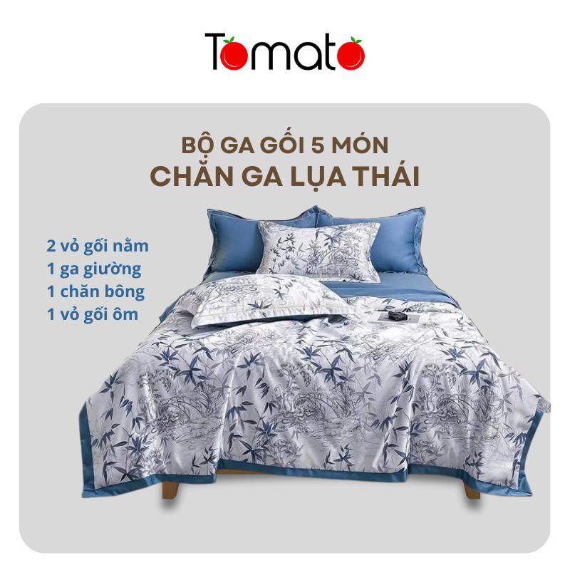Bộ 5 món Bộ chăn ga gối LỤA THÁI 9D Tomato mềm, mịn, mát - chăn chần bông mỏng cho mùa hè, ga giường và 2 vỏ gối nằm