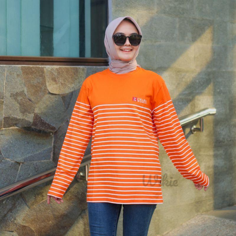Terlaris Kaos Wanita Salur Lengan Panjang Atasan Wanita Hijab Salur Baju Belang Kaos stripe Wanita Kaos Ootd 8