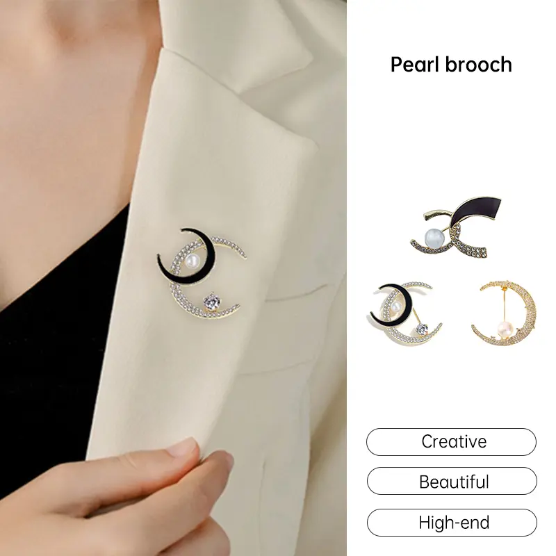 【lingerly】Light Luxury High-end Double-C Pearl Brooch Cardigan Suit Accessories Jacket Brooch