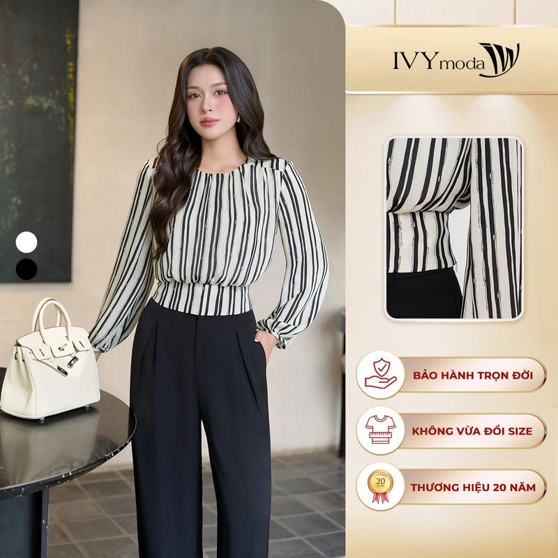  Áo blouse tay dài kẻ sọc dáng ôm eo Áo sơ mi công sở nữ nữ IVY moda MS 17T0288 