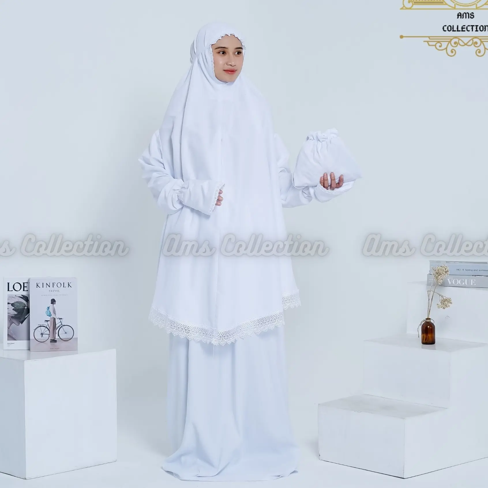 Mukena Dewasa Berlengan Umroh Haji Bersaku Katun Premium Renda Mewah