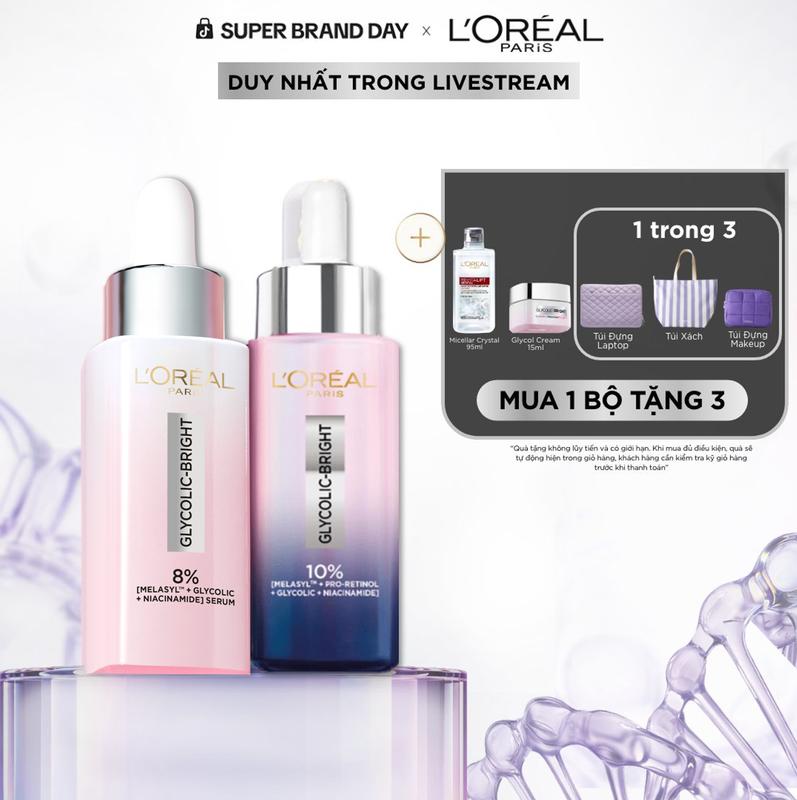 [SALE NGÀY CUỐI] Bộ 2 serum dưỡng sáng phức hợp MelasylTM cho ngày & đêm giúp mờ thâm sạm, nám L'Oréal Paris Glycolic-bright 30mlx2