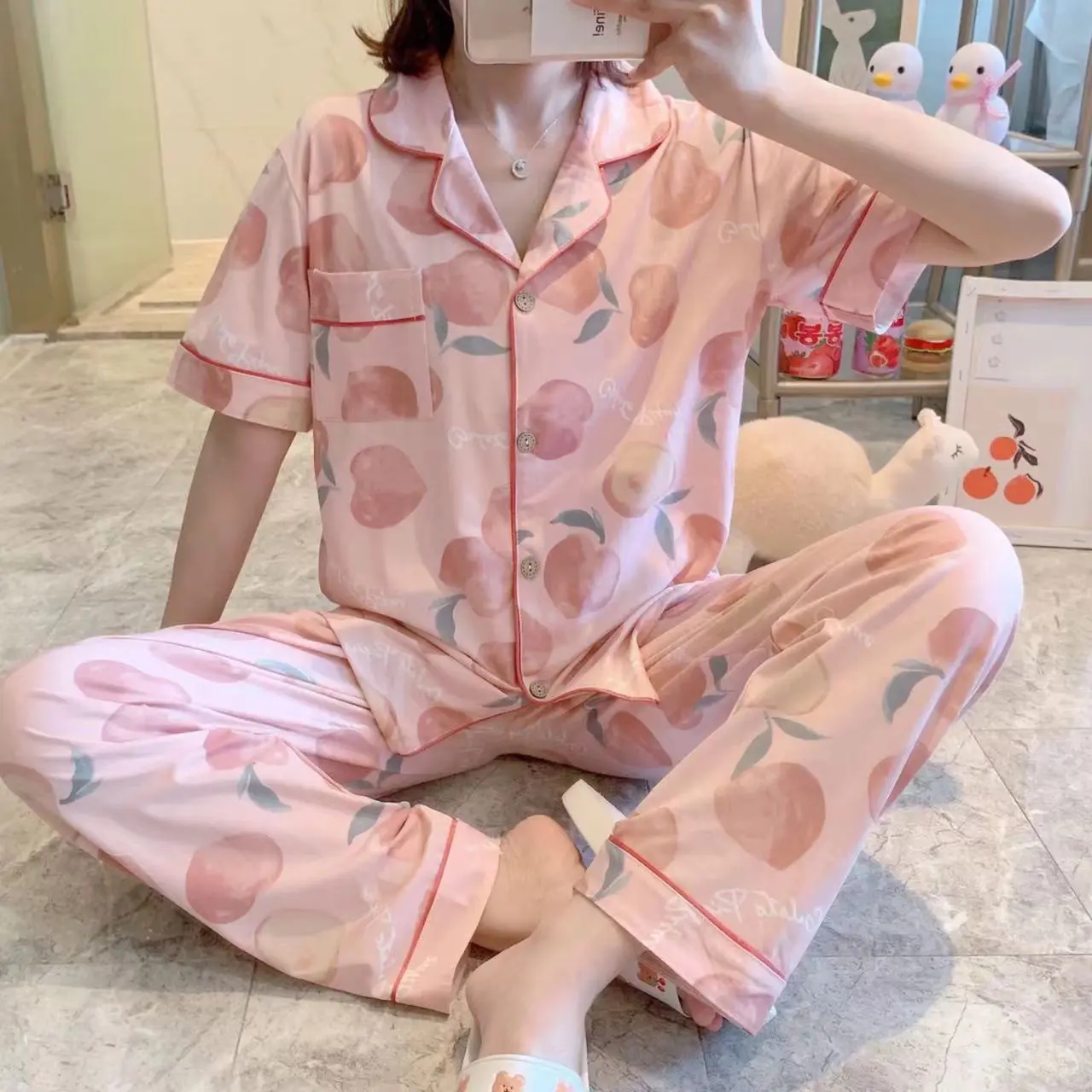 AKS Setelan baju tidur wanita dewasa model terbaru motif karakter animasi lucu fullfrint bahan polyester premium adem dan serap keringat set kemeja piyama remaja prempuan jumbo korean style celana panjang lengan pendek fit to XXL cocok untuk harian PY006