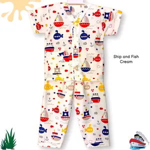 hannaska baju tidur anak laki-laki usia 1~12 tahun motif fish and ship tanpa kerah  Fashion
