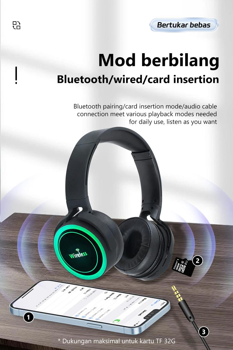 Headphone Bluetooth nirkabel over-ear dengan masa pakai baterai yang sangat lama dan peredam bising, kompatibel dengan ponsel