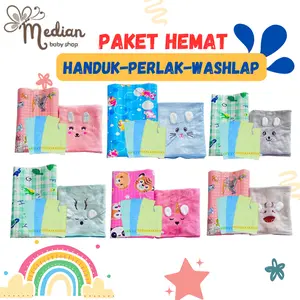 PAKET HEMAT HANDUK, PERLAK PLUS WASHLAP TANGAN BAYI Baru lahir Cewek Cowok