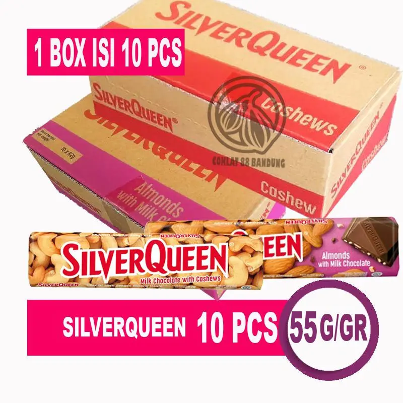 SILVERQUEEN 1 BOX 10 PCS X 55GR ex 58gr Cokelat, COKLAT SILVER QUEEN 58 GR ISI 10 CHOCOLATE Snack Food