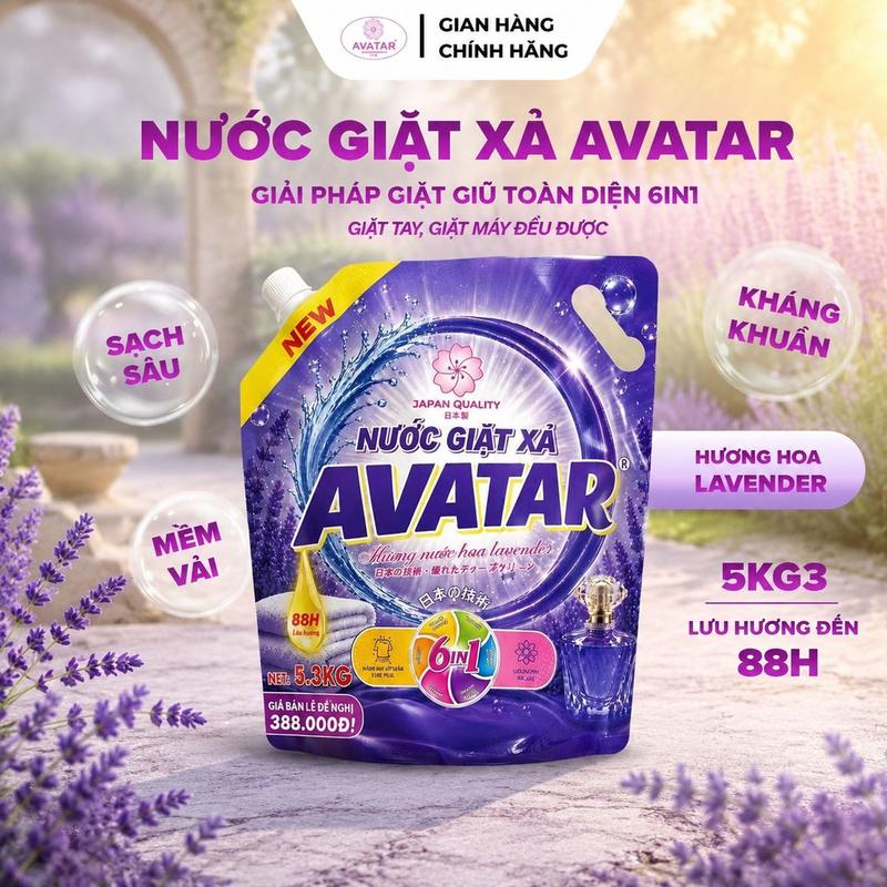[TÚI 5KG3] Nước Giặt Xả AVATAR 6 Trong 1 – Hương Hoa Lavender – Lưu Hương 88H – Sạch Sâu, Mềm Vải, Tiết Kiệm Cho Gia Đình