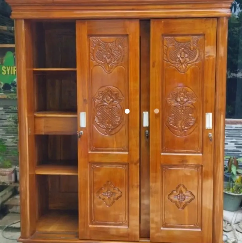 model lemari sleding/geser pakaian pintu 3 sleding berbahan full kayu jati pengiriman khusus jabodetabek sejabodetabek