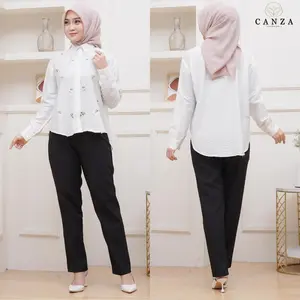 Canza -  Atasan Kemeja Oversize  Muslim OOTD Korean  Cantik  style loose wanita daily blouse Linen Motif elega top