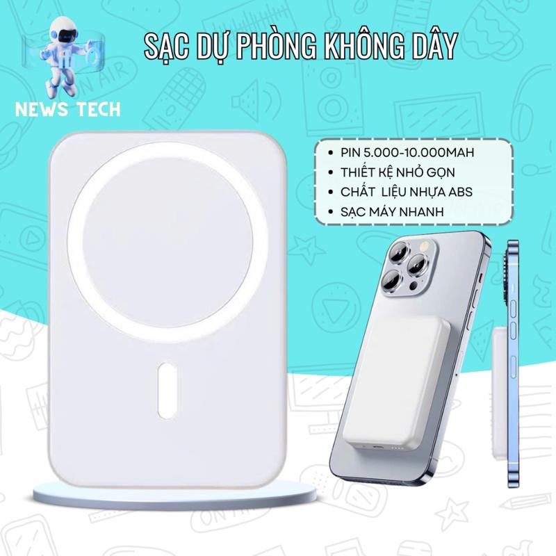 Pin sạc dự phòng không dây từ tính 5000mAh - 10.000maH, lực hút mạnh sạc nhanh chuẩn PD không nóng máy, bảo hành 6