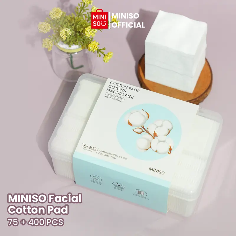 MINISO Facial Cotton Pads 75pcs Tebal + 400pcs Tipis Kapas Pembersih Makeup Make Up Bantalan Kapas Kotak Kapas Pembersih Wajah Kapas Kecantikan 4