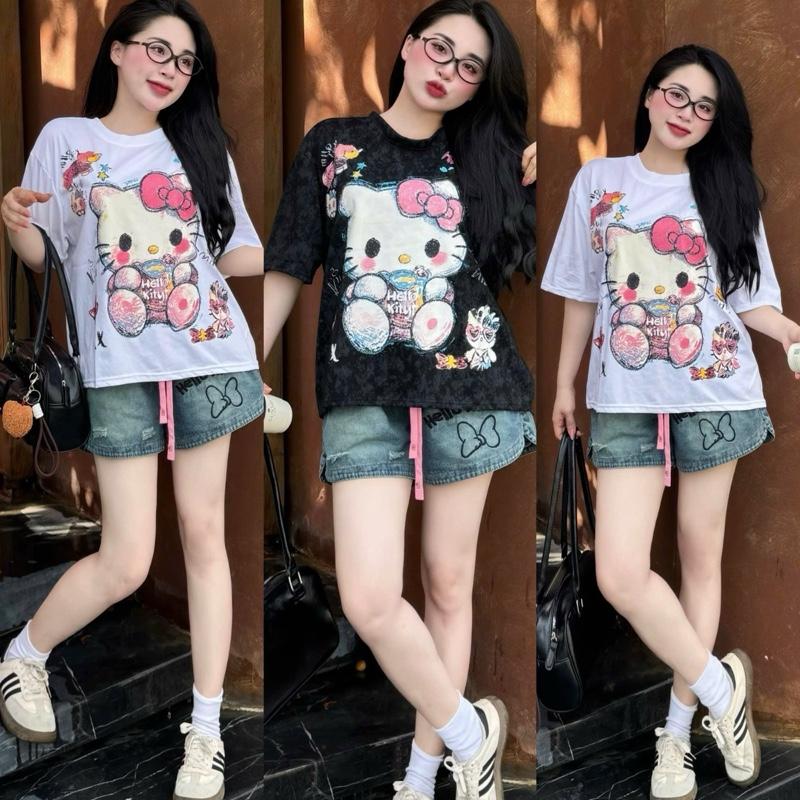 SÉT BỘ ÁO THUN COTTON fom rộng(in hình mèo kity hồng ) phối quần jean đùi (chữ thêu kity) nữ - Tuhaodobo