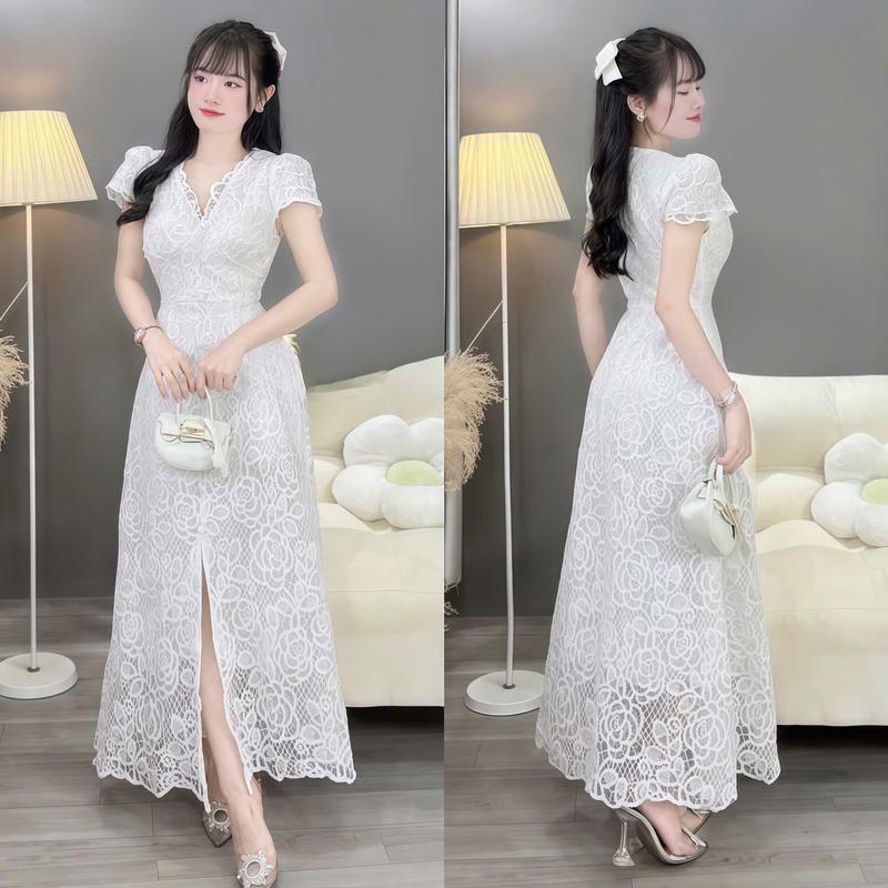 Đầm váy nữ ren hoa cổ V tay phồng dáng dài xẻ tà tiểu thư xinh xắn dễ thương phù hợp cho các nàng diện đi tiệc đi chơi đi du lịch