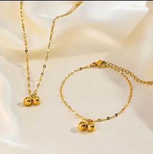 set kalung dan gelang titanium gold pecah kopi double boba anti karat