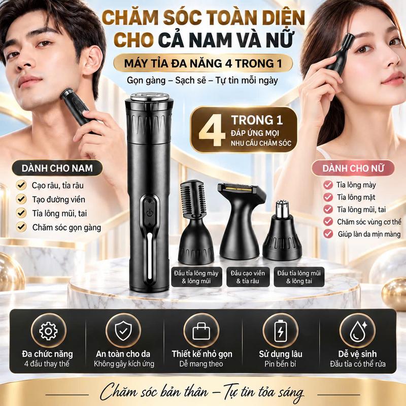 Máy Cạo Râu Mini Đa Năng 4 Trong 1 Cho Nam Và Nữ – Cạo Râu Gọn Gàng, Tỉa Mày Dễ Dàng – 4 Đầu Thay Thế, Nhỏ Gọn Tiện Mang