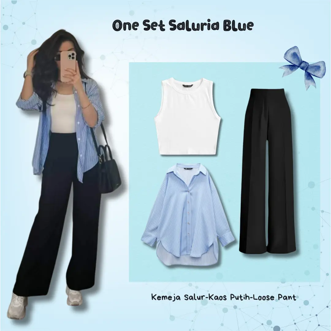 Setelan One Set 3in1 Lengan Panjang Kemeja Salur Biru + Loose Pant + Kaos Putih Korean Style Wanita Remaja BC15