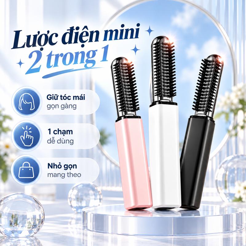 Lược Điện Mini 2 Trong 1 Không Dây, Duỗi Uốn Tóc Nhanh, Dễ Dùng, Phù Hợp Mang Theo Khi Đi Ra Ngoài