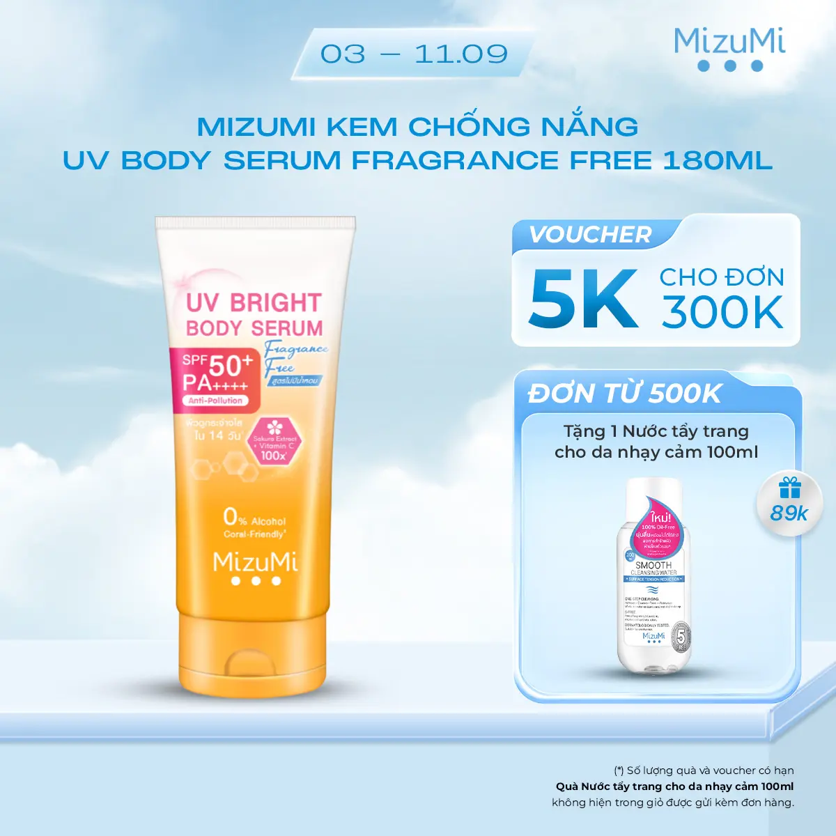 Kem Chống Nắng Mizumi UV Bright Body Serum Fragrance Free SPF50+ PA++++ 180ml
