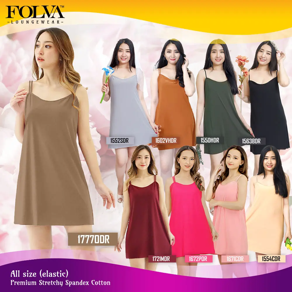FOLVA Baju Tidur Dress Tanktop Wanita Spandex Katun Melar all size Coklat Hijau silver van houten pink cream