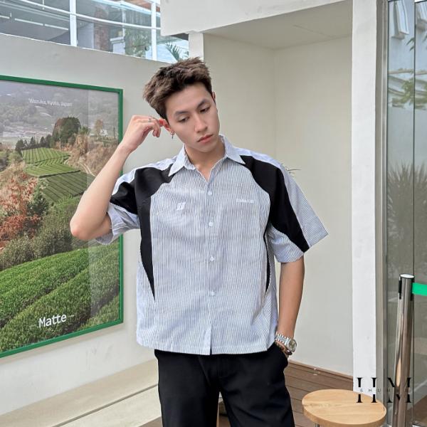 Áo sơ mi Unisex nam nữ ngắn tay form boxy oxford kẻ sọc phối line Boiz SIXHUMAN HMA005 Menswear Shirt