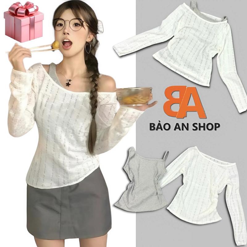 Bảo An Shop [SA-71] Sét bộ nữ 2 món áo Len lệch vai tay dài kèm áo dây thun tăm ôm body cá tính Free Size dưới 54kg Chất vải thun gân len 4 chiều Màu sắc đa dạng