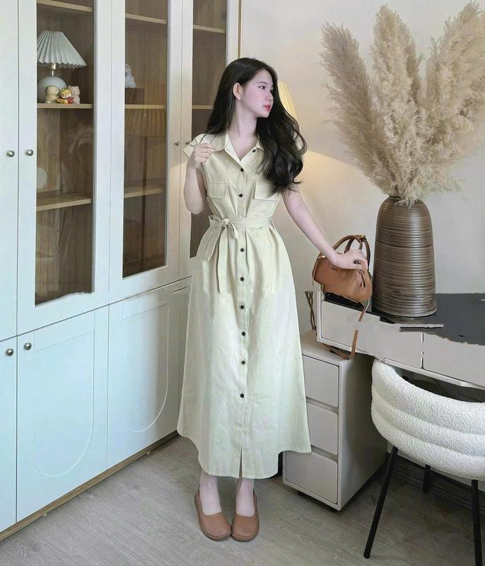 Váy sơmi kaki nữ dáng dài, đầm kaki thắt đai tay ngắn màu nhã nhặn phong cách tiểu thư trẻ trung  V191