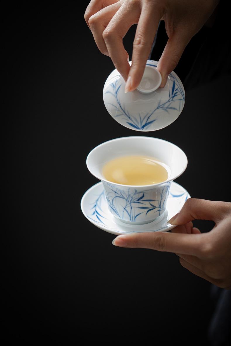 Product Introduction of Bamboo Sancai covered bowl hand-painted ceramic single large high-end Dehua white porcelain tea bowl Kung Fu tea set gift 20