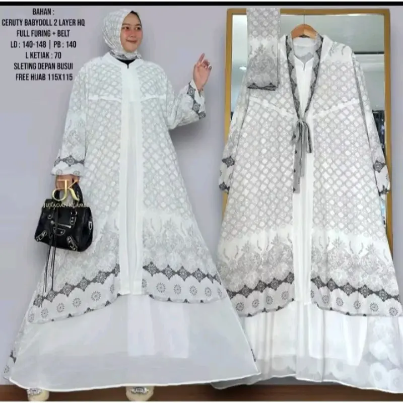 Gamis Jumbo XXL Ceruty Premium - Pakaian Dres Muslim Wanita Syari Mewah Maxi Remaja Putih