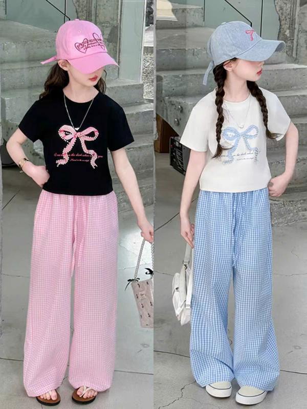 Set Bộ Quần Kẻ và Áo in Hình Nơ cực xinh dành cho bé Gái size 14-43Kg Set thời trang 2025 chất liệu thoải mái cho bé đi học đi chơi - ThienAn Store1508