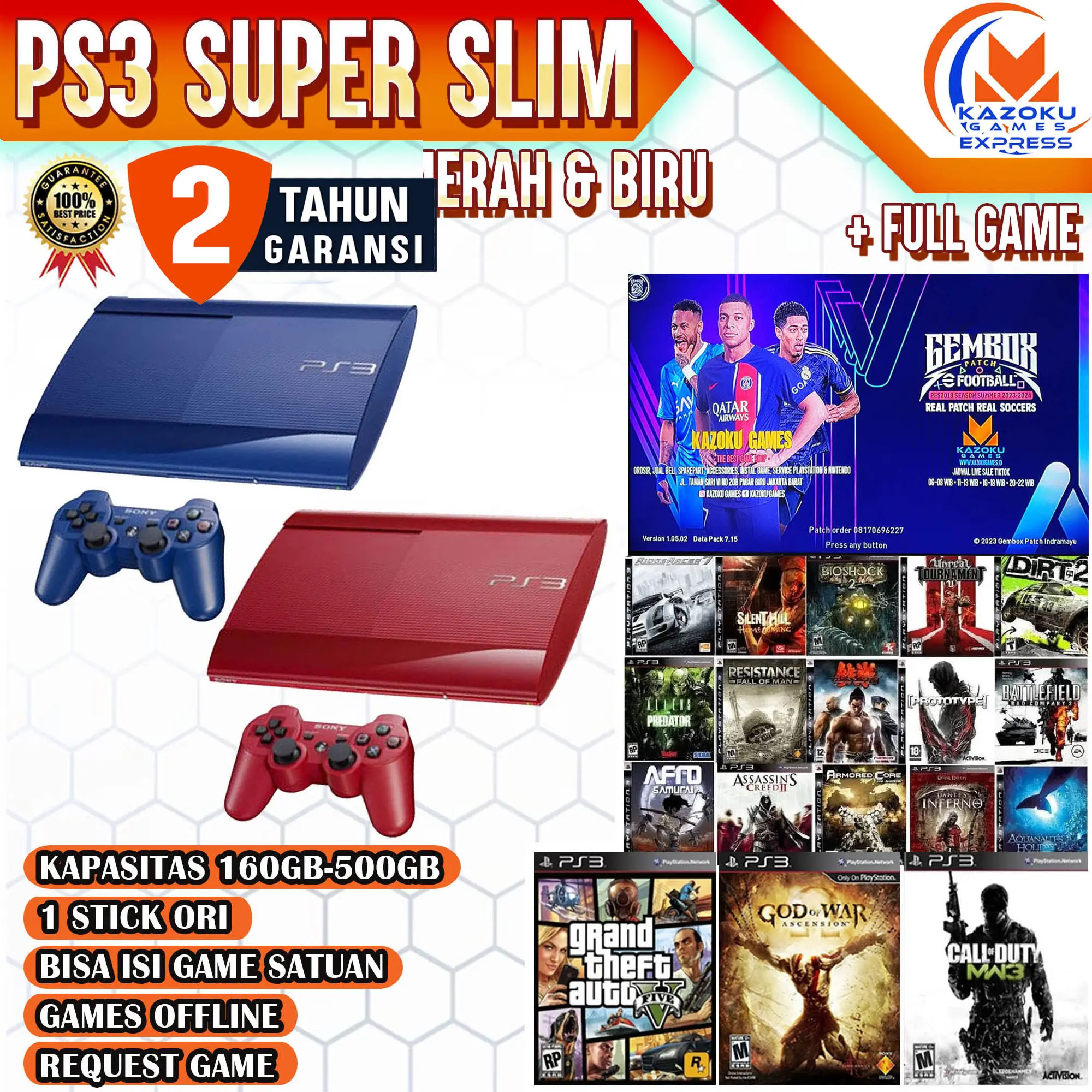 PLAYSTATION PS3 SUPER SLIM MERAH BIRU HEN 160GB 500GB GARANSI 2 TAHUN