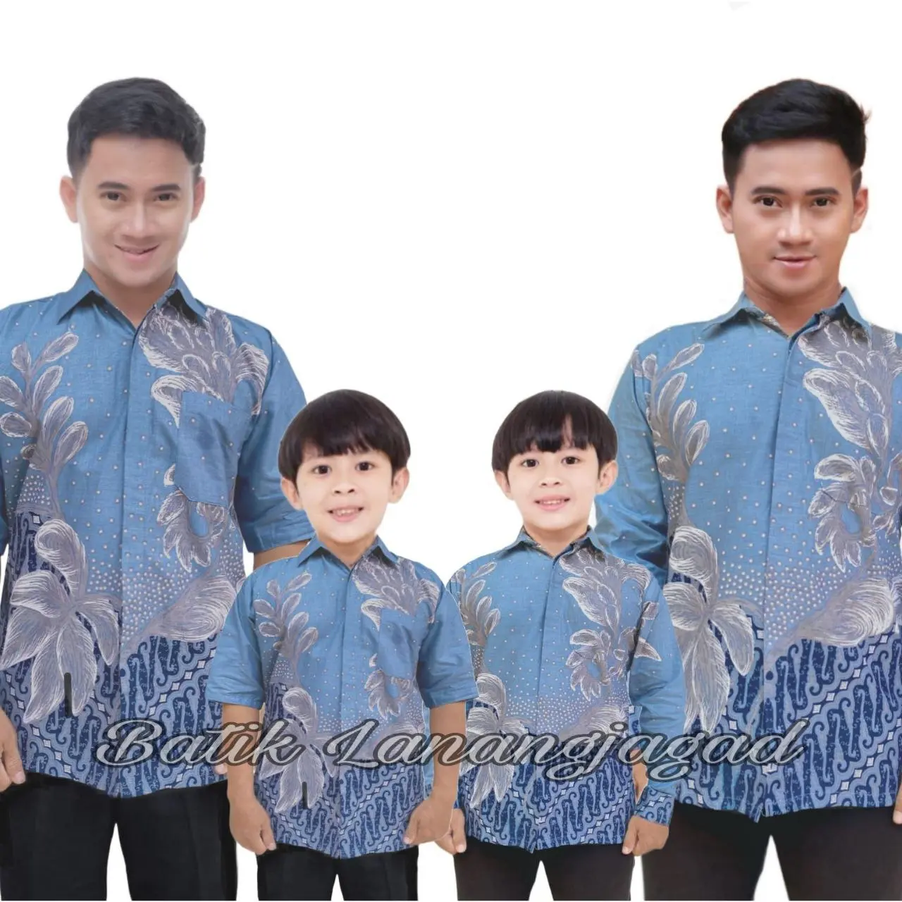 Kemeja Batik Pria Couple Batik Ayah dan Anak laki Laki Motif Anggrek Batik Anak Laki Laki Warna Soft Denim Biru Muda