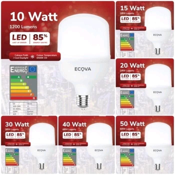 Ecova Lampu Bohlam LED 5 10 15 20 30 40 50 Watt LED kapsul All Varian Putih 0
