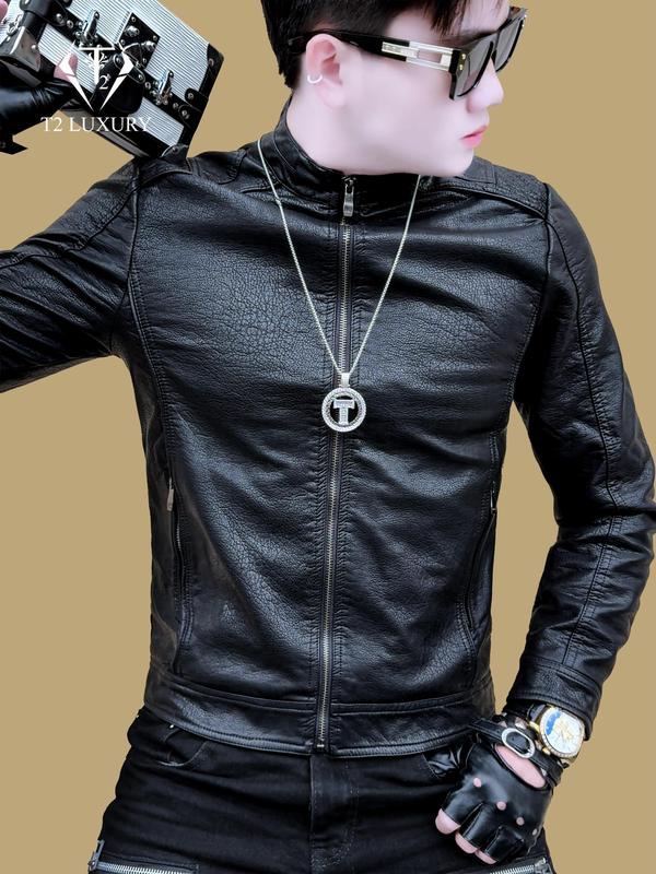  Áo da nam quảng châu phom ôm 2 màu đen và xám ghi da cao cấp bền bỉ vân da rõ nét Menswear Jacket Kem 