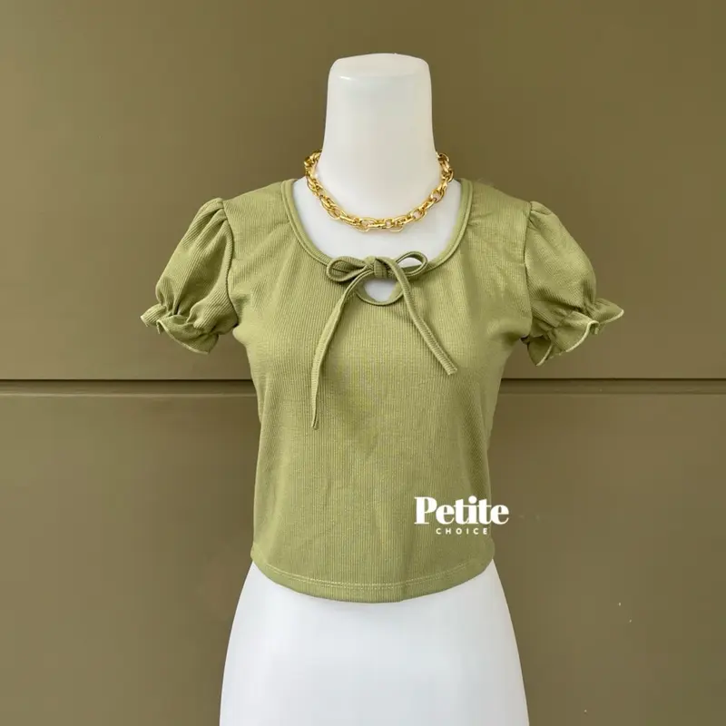 Petitechoice | KATHIE Top - Atasan Wanita Stretch Rajut Casual Puffy Shoulder Sailor Neck Leher V Knit coquette bow 3