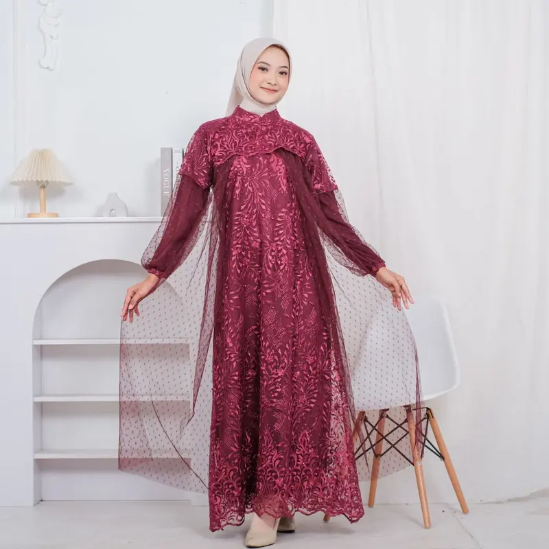 RAISHA Nusaibah Full Tile Brokat Bordir Dress / Gamis / Gaun Pesta Wanita Muslim Dewasa Motif Bunga Untuk  Lebaran, Wisuda, Kondangan Simple Tebal dan Mewah 2