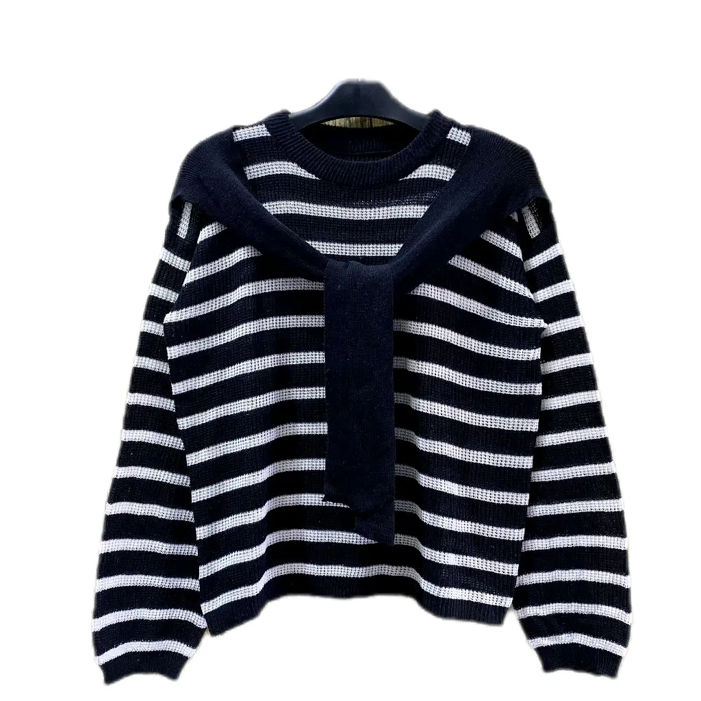 Baju Rajut Alica Wanita dengan Motif Garis Stripe dan Syal Menyatu - Panjang manik-manik soft blue Sweater Knitwear Salur Atasan