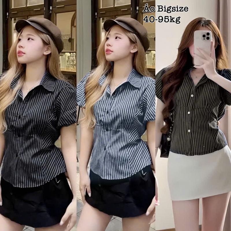 Áo Sơ Mi Nữ Bigsize Kẻ Sọc Tay Phồng Cổ Bẻ Dáng Ngắn Buộc Eo Hàn Quốc Tiểu Thư Công Chúa Xinh Đẹp Cho Nàng Chuppy Cao Cấp Dễ Thương Freesize 50-95kg Top Áo Baybydoll Ao Babytee - 2500 Aosomi xinh dep chuppy