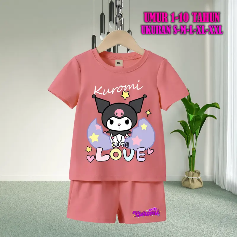 Setelan Baju Anak Tidur Gambar Kuromi Lengan Pendek dengan Sablon Berkualitas - Baju Anak Fashion Celana Pendek piyama  kuromi  anak baju  tidur  anak  perempuan 6