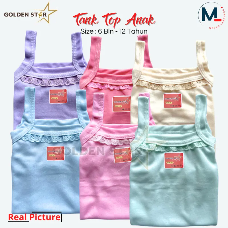6 & 12 tentop anak warna warni / tangtop anak perempuan Renda / tangtop anak lusinan golden Star / tentop anak  6–12 tahun tank top anak 9–12 kaos dalam baju dalaman Fashion Atasan 5